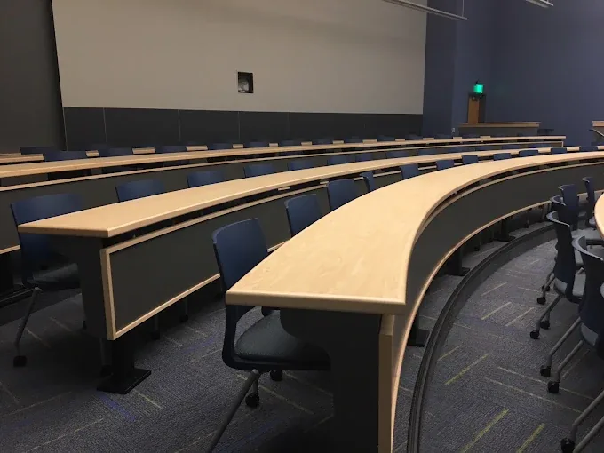 Curved desks in an educational auditorium